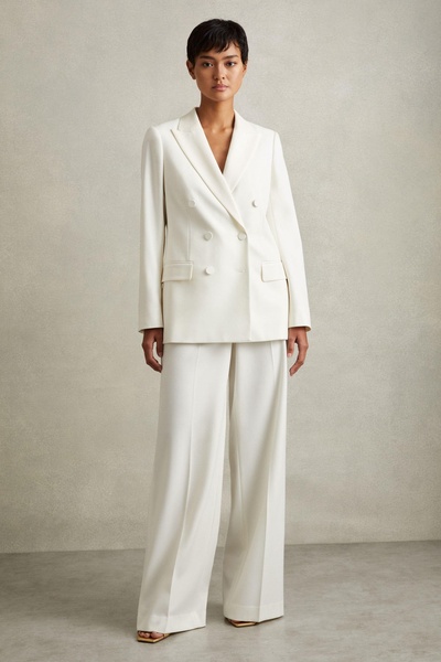 Petite Wool Blend Double Breasted Tux Blazer in White