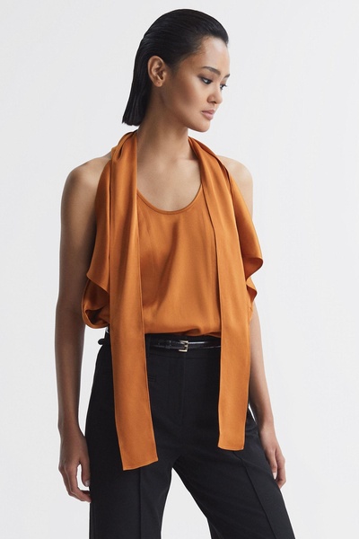 Tie Neck Draped Satin Blouse in Rust