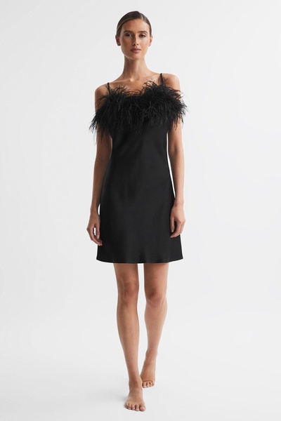 Sleeper Feather Mini Slip Dress in Black