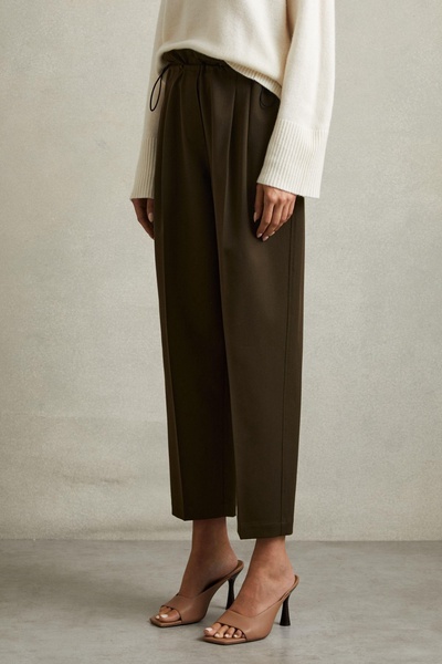 Drawstring Waist Tapered Trousers in Khaki