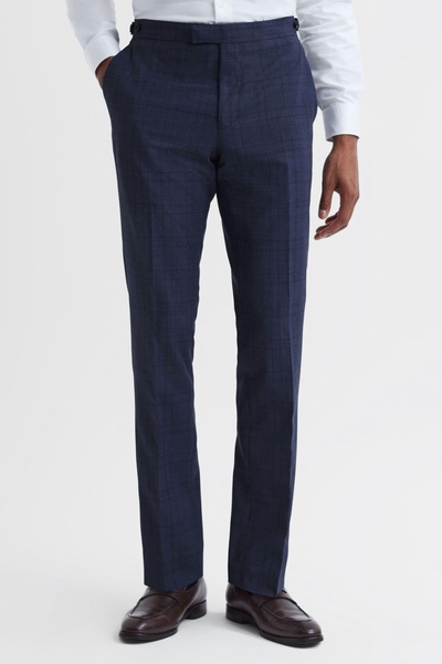 Slim Fit Wool Checked Trousers in Indigo