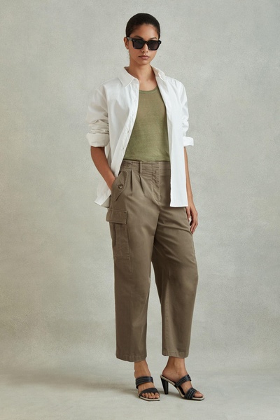 Cotton Blend Tapered Combat Trousers in Khaki