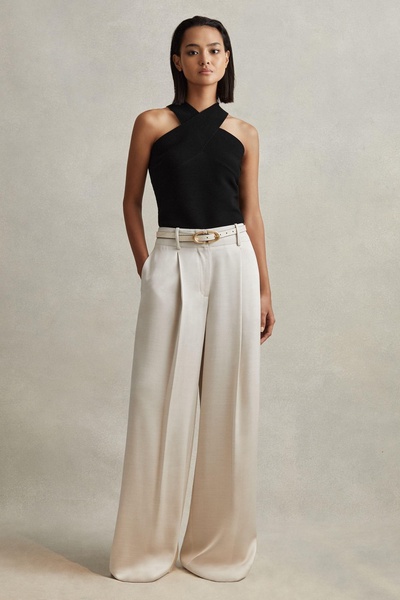 Satin Wide Leg Trousers in Champagne