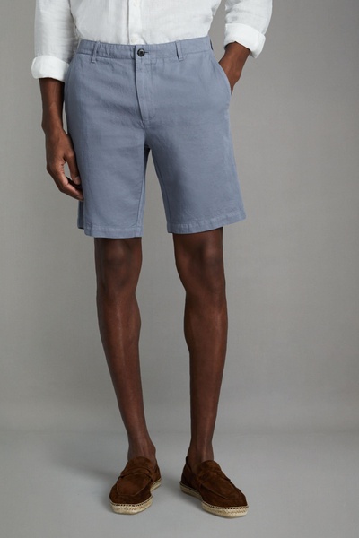 Cotton Linen Blend Internal Drawstring Shorts in Airforce Blue