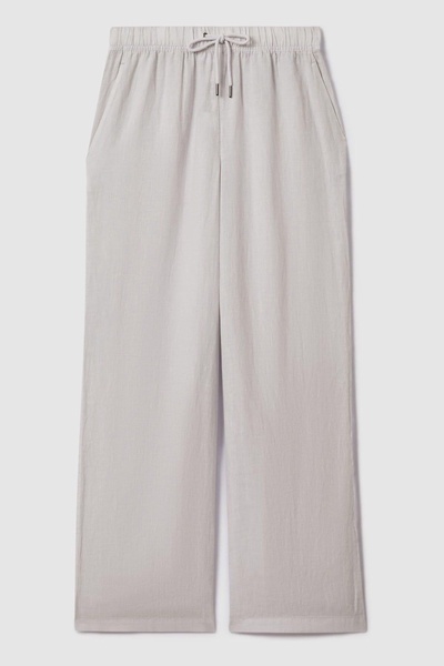 Garment Dyed Wide Leg 100% Linen Trousers in Dusty Blue