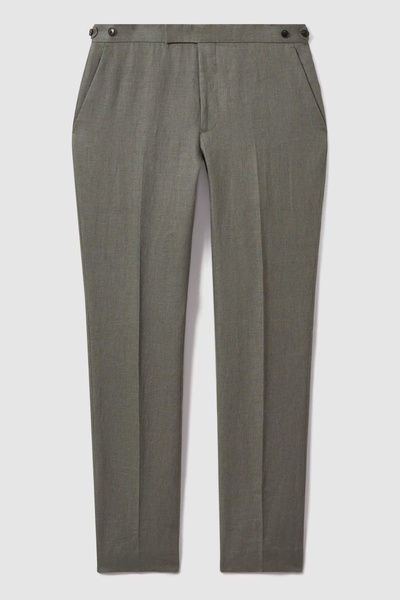 Halgas Dark Sage 100% Linen Side Adjuster Slim Fit Trousers