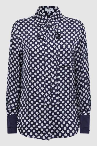 Polka Dot Long Sleeve Neck Tie Blouse in Navy/White