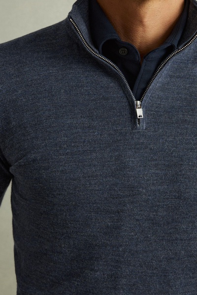 Merino Wool Half-Zip Funnel Neck Jumper in Dark Airforce Blue Melange