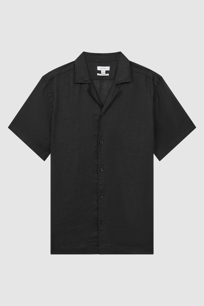 Slim Fit Linen Cuban Collar Shirt in Black