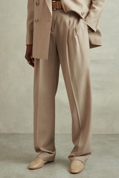 Petite Wool Pleat Front Wide Leg Suit Trousers in Neutral