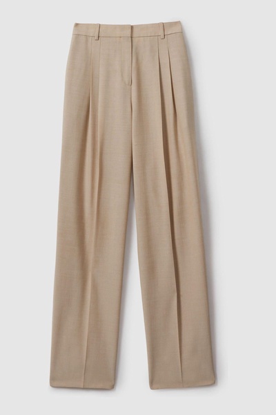 Petite Wool Pleat Front Wide Leg Suit Trousers in Neutral