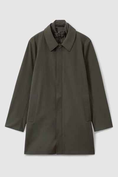 Hybrid Removable Funnel Neck Overcoat in Dark Green