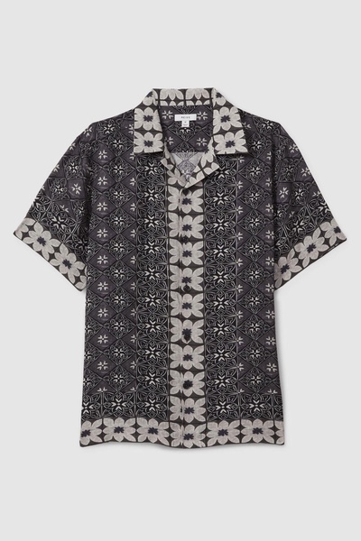 Linen Printed Cuban Collar Shirt in Black Multi