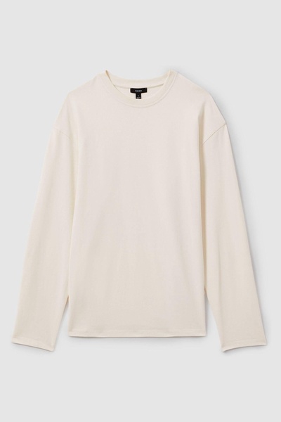 Cotton Crew Neck Long Sleeve T-Shirt in Off White