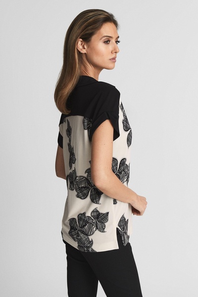 Printed Open Collar Top in Cream/Black