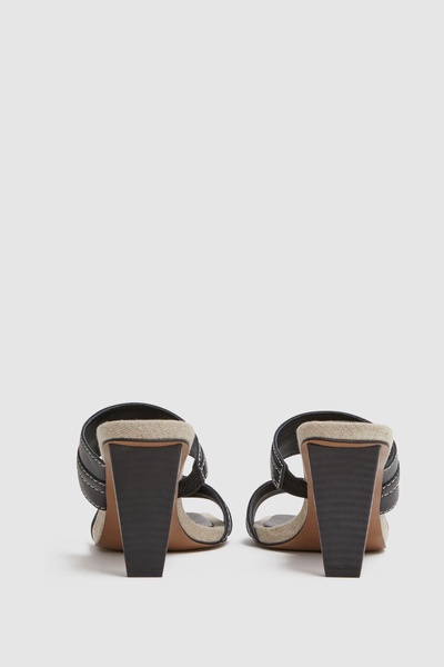 Leather Strap Heeled Mules in Black