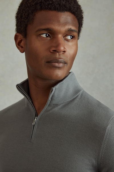 Merino Wool Half-Zip Funnel Neck Jumper in Dusty Green