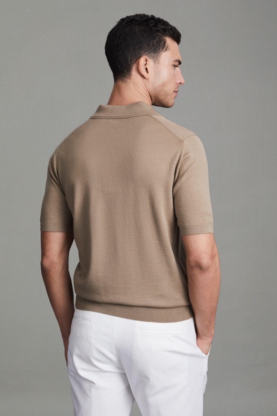 Merino Wool Open Collar Polo Shirt in Camel