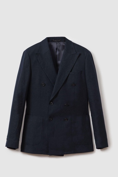 Double Breasted 100% Linen Slim Fit Blazer in Navy