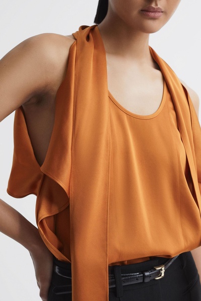 Tie Neck Draped Satin Blouse in Rust