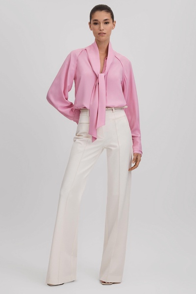 Tie Neck Zip Front Blouse in Pink