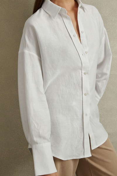 Relaxed Fit Lyocell-Linen Button-Through Shirt in White