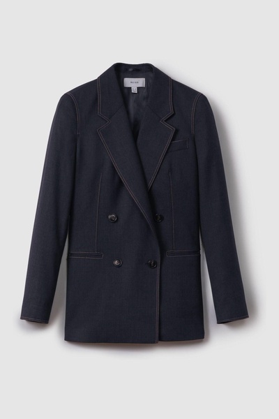 Wool Blend Denim Look Suit Blazer in Navy