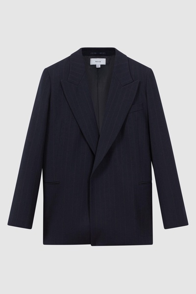 Wool Blend Single Breasted Pinstripe Blazer in Navy