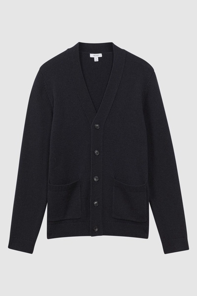 Wool Blend Button-Through Cardigan in Navy