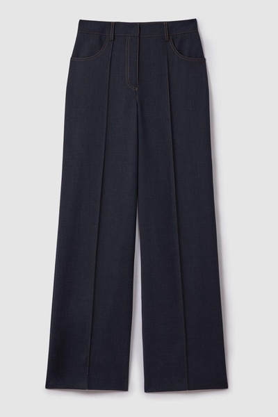 Wool Blend Denim Look Suit Trousers in Navy