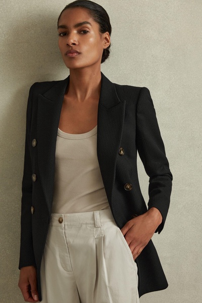 Petite Tailored Textured Wool Blend Double Breasted Blazer in Black