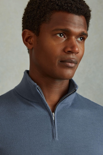 Merino Wool Half-Zip Funnel Neck Jumper in Airforce Blue