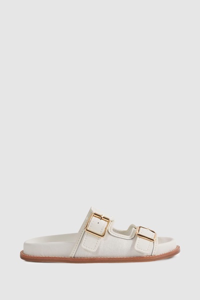 Leather Raffia Sliders in White