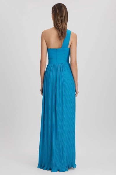 Amur One Shoulder Pleated Maxi Dress in Blue Surf