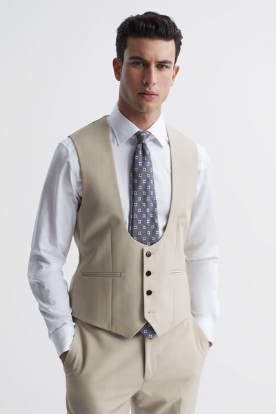 Horse Shoe Slim Fit Six Button Wool Waistcoat in Stone