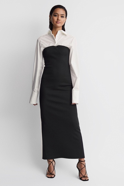 Anna Quan Hybrid Shirt Jersey Maxi Dress in Swan Black