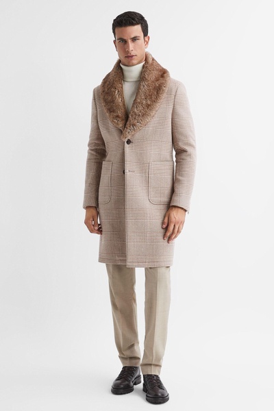 Wool Check Faux Fur Lapel Coat in Oatmeal