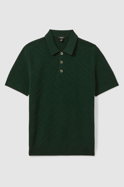 Cotton Textured Press-Stud Polo Shirt in Dark Green