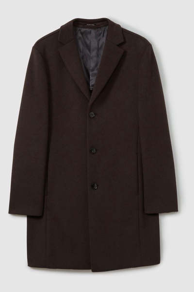 Wool Blend Single Breasted Epsom Overcoat in Chocolate Brown