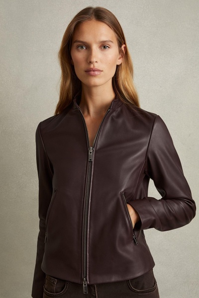 Leather Collarless Biker Jacket in Berry