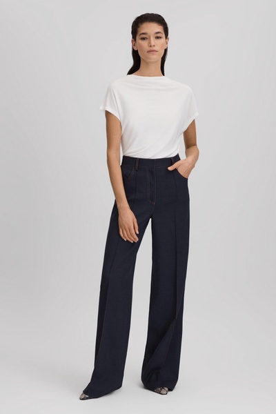 Wool Blend Denim Look Suit Trousers in Navy