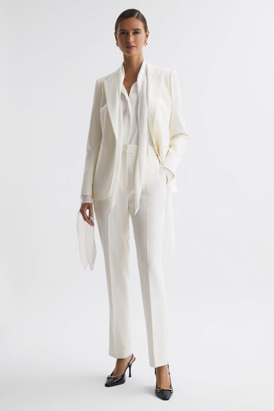 Tailored Fit Single Breasted Wool Suit Blazer in Off White