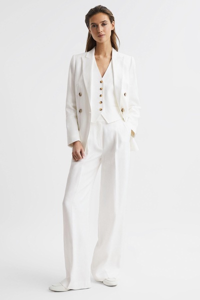 Double Breasted Linen Blazer in White