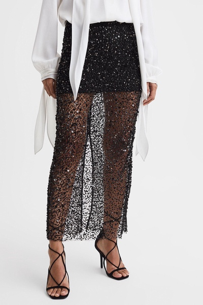 Anna Quan Embellished Netted Midi Skirt in Black