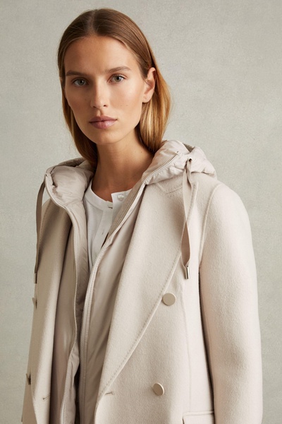 Petite Wool Blend Double Breasted Blindseam Trench Coat in Neutral