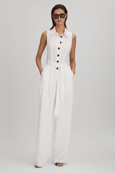 Petite Belted Wide Leg Jumpsuit in White