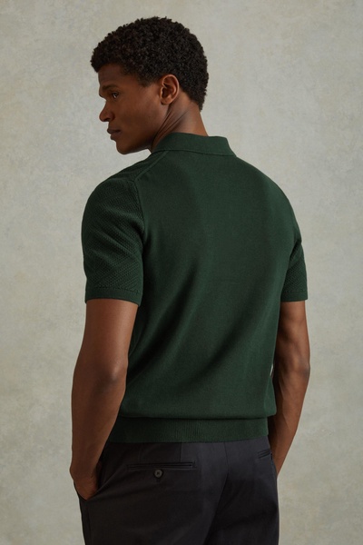 Cotton Textured Press-Stud Polo Shirt in Dark Green