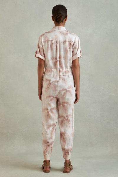 Linen Tropical Print Belted Jumpsuit in Blush