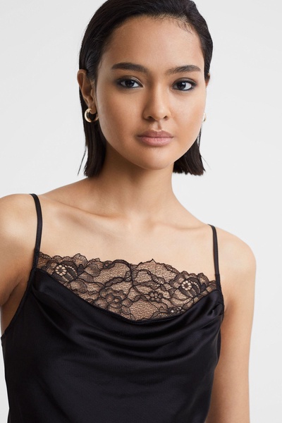 Anna Quan Satin Lace Cowl Neck Camisole in Black