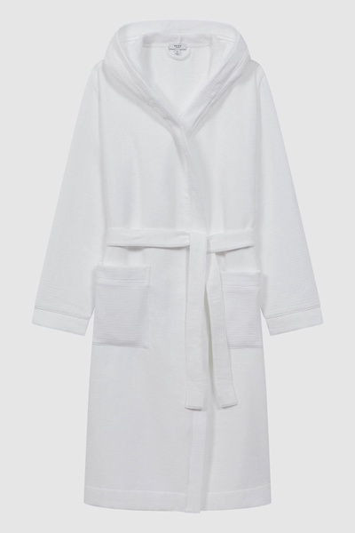 Textured Cotton Hooded Dressing Gown in White